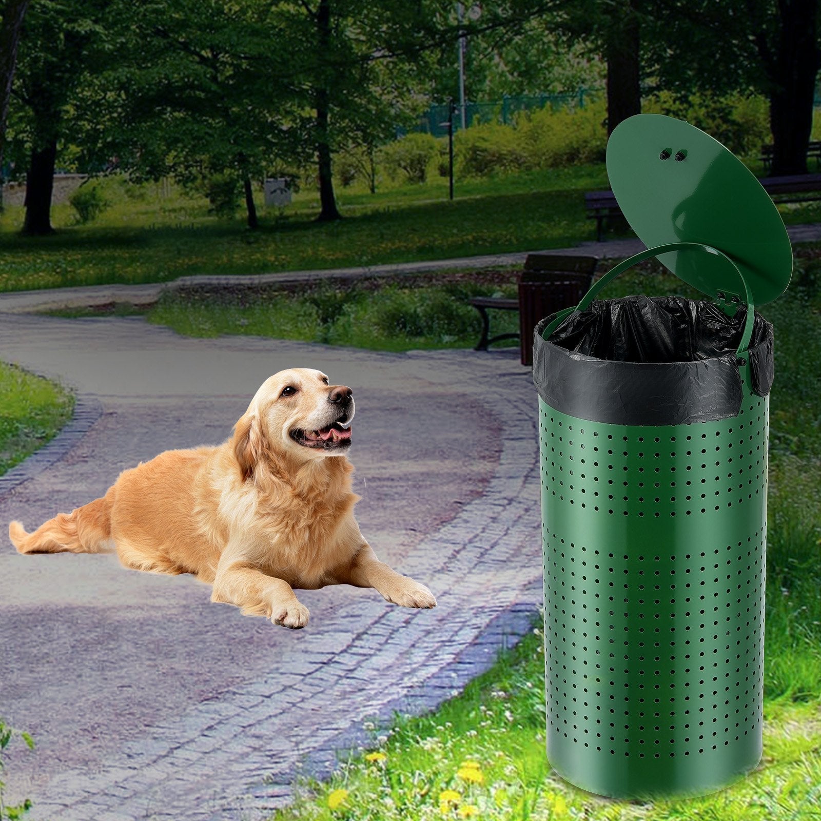 KFX-3119421 Weather-Resistant 11.5-Gallon Dog Waste Bin with Lid and 50 Bags for Easy Cleanup