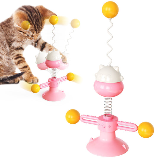 KFX-3124541 Interactive Cat Toy Spring Turntable Ball in Pink, Lake Blue, and Yellow