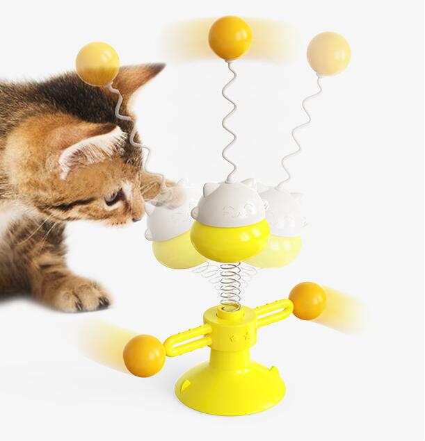 KFX-3124541 Interactive Cat Toy Spring Turntable Ball in Pink, Lake Blue, and Yellow