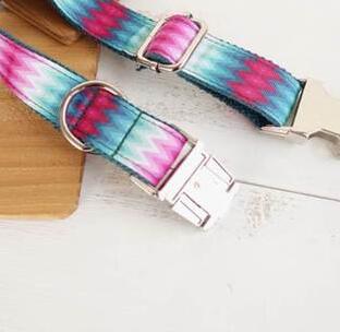 KFX-3125693 Patterned Dog Collar and Leash Set in Green Peacock - Adjustable Polyester Webbing for All Sizes