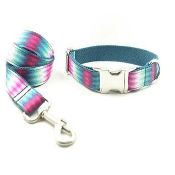 KFX-3125693 Patterned Dog Collar and Leash Set in Green Peacock - Adjustable Polyester Webbing for All Sizes