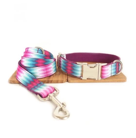 KFX-3125693 Patterned Dog Collar and Leash Set in Green Peacock - Adjustable Polyester Webbing for All Sizes