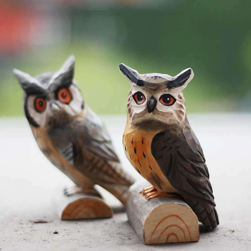 KFX-3126973 Artisan Round Carved Owl Wood Sculpture in Brown, Gray, or Barn Owl Designs