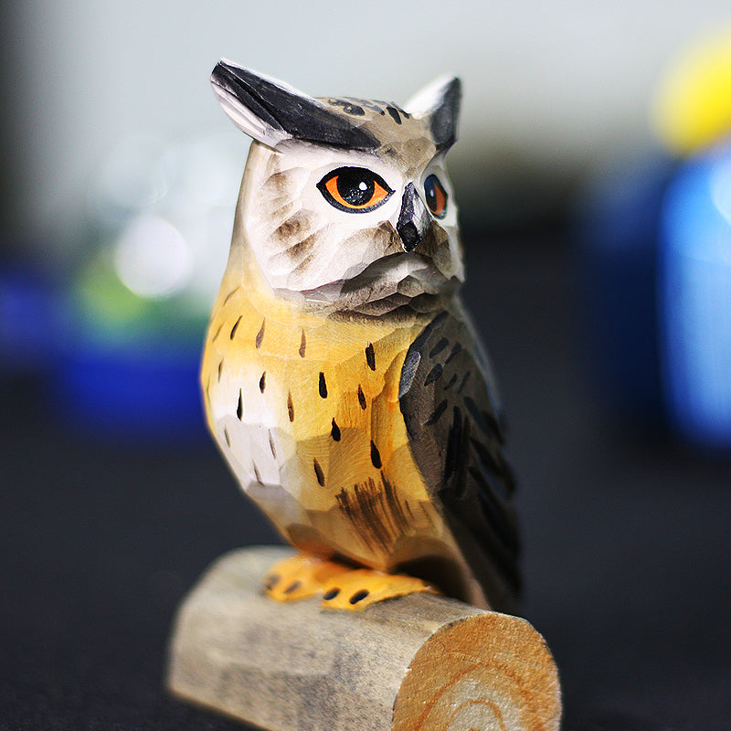 KFX-3126973 Artisan Round Carved Owl Wood Sculpture in Brown, Gray, or Barn Owl Designs