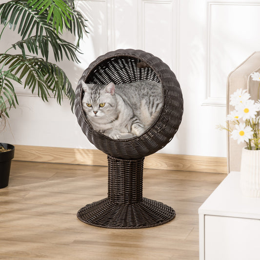 KFX-3128125 Elevated Coffee Cat Bed with Rotating Egg Chair Pod and Thick Cushion