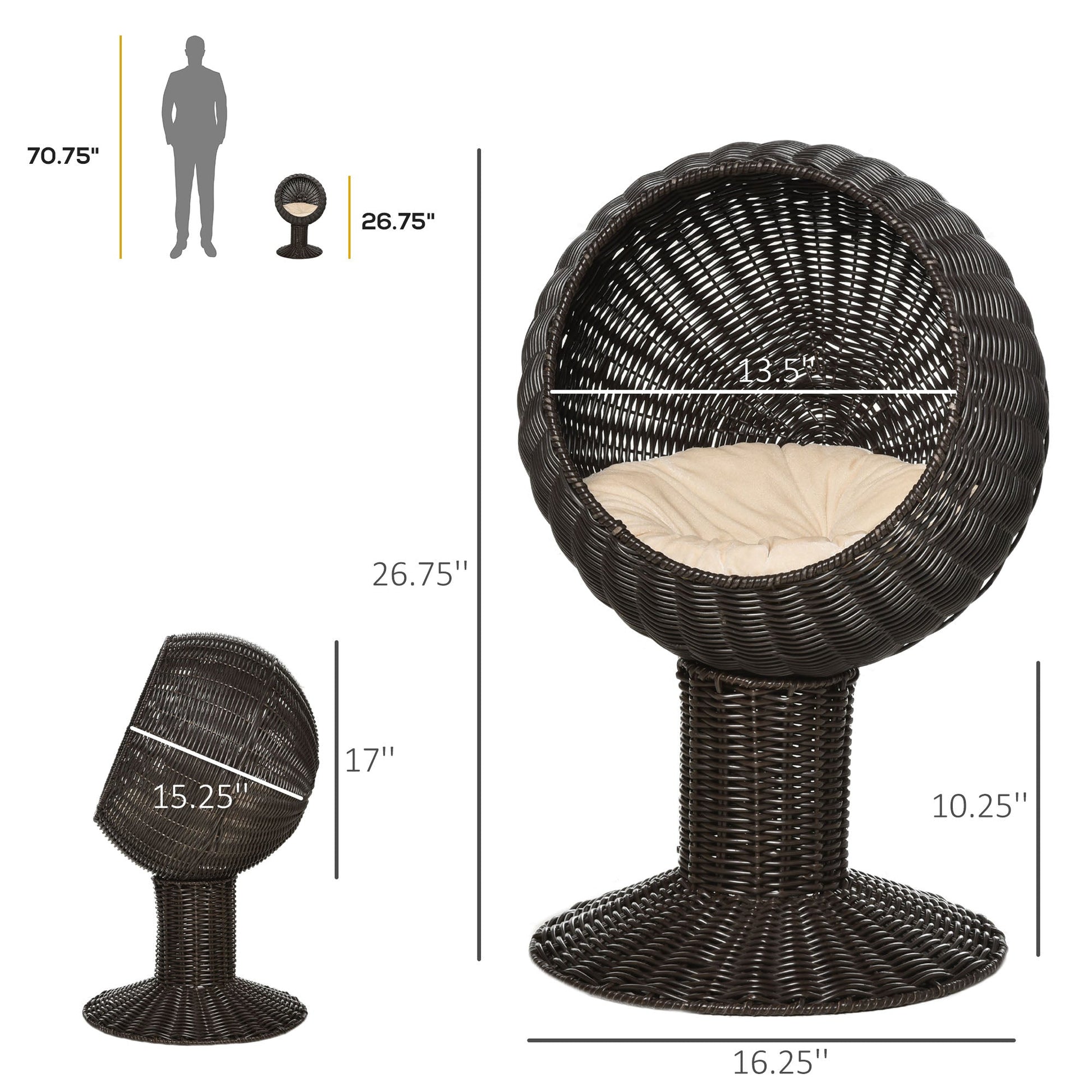 KFX-3128125 Elevated Coffee Cat Bed with Rotating Egg Chair Pod and Thick Cushion