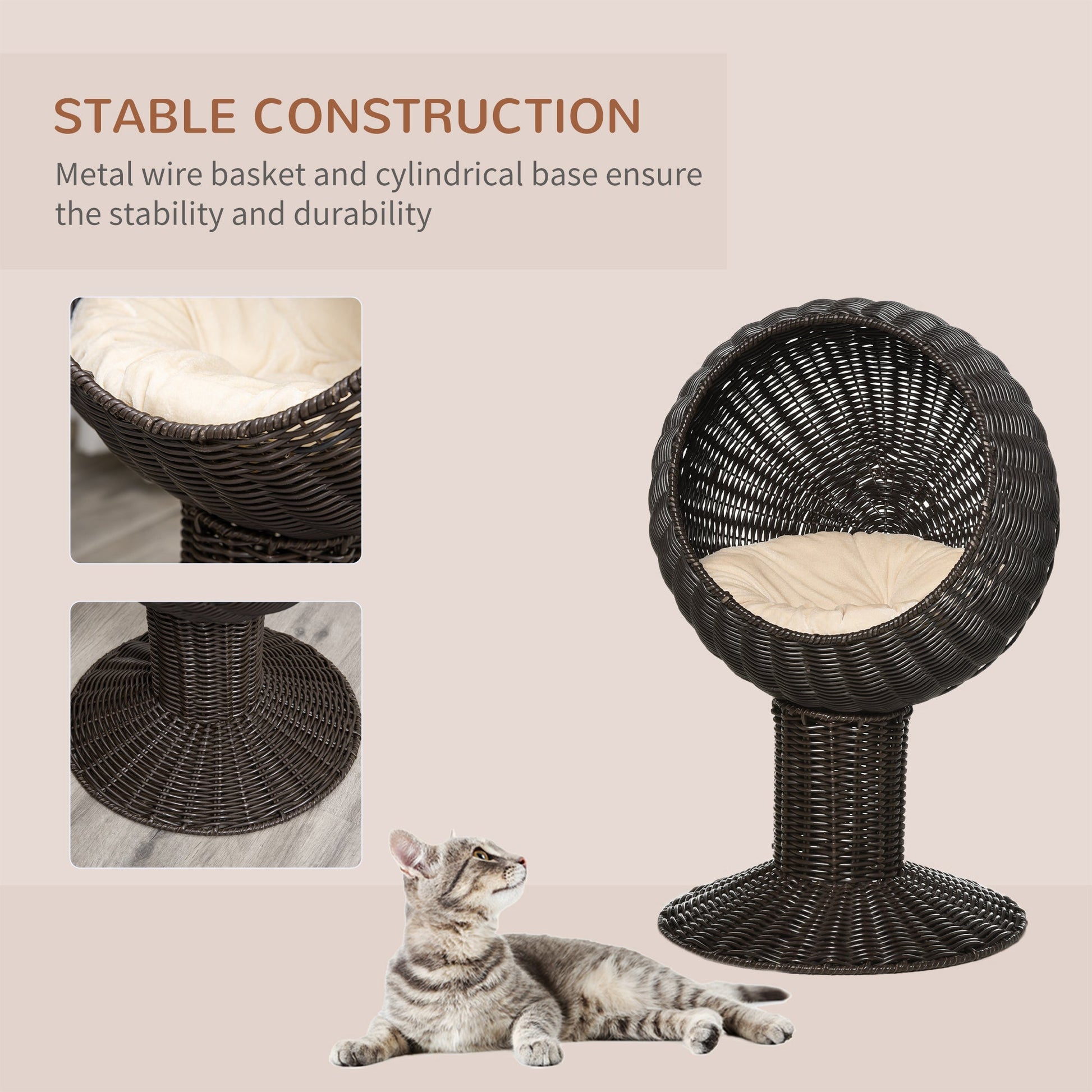 KFX-3128125 Elevated Coffee Cat Bed with Rotating Egg Chair Pod and Thick Cushion