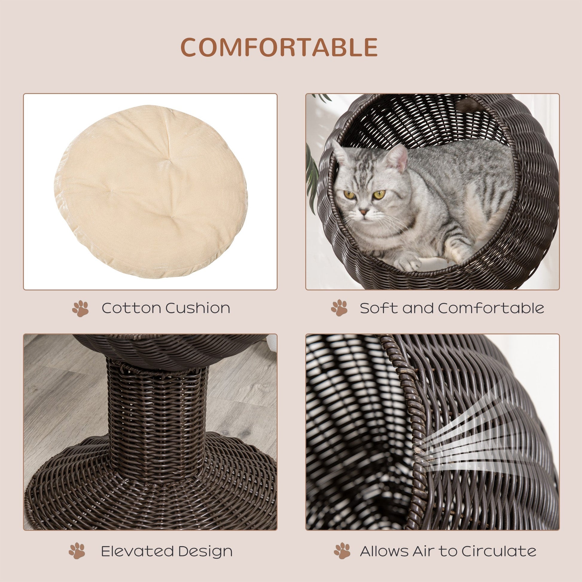KFX-3128125 Elevated Coffee Cat Bed with Rotating Egg Chair Pod and Thick Cushion