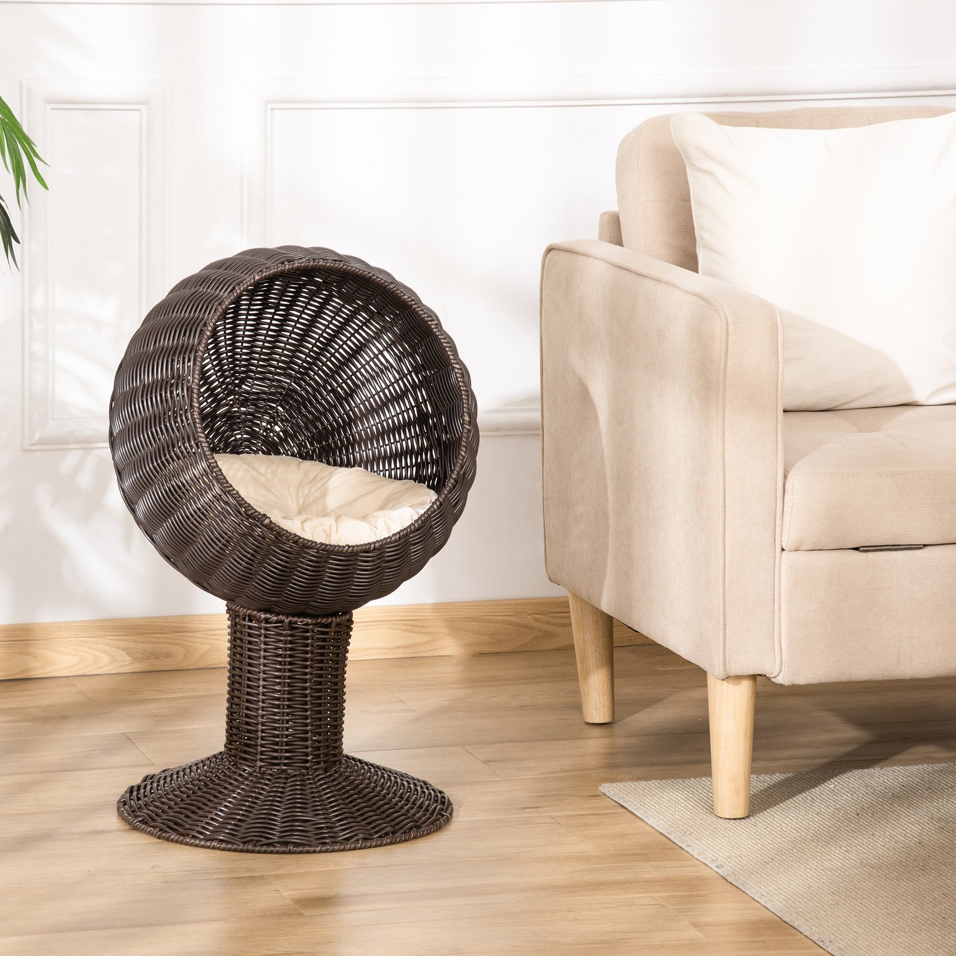 KFX-3128125 Elevated Coffee Cat Bed with Rotating Egg Chair Pod and Thick Cushion