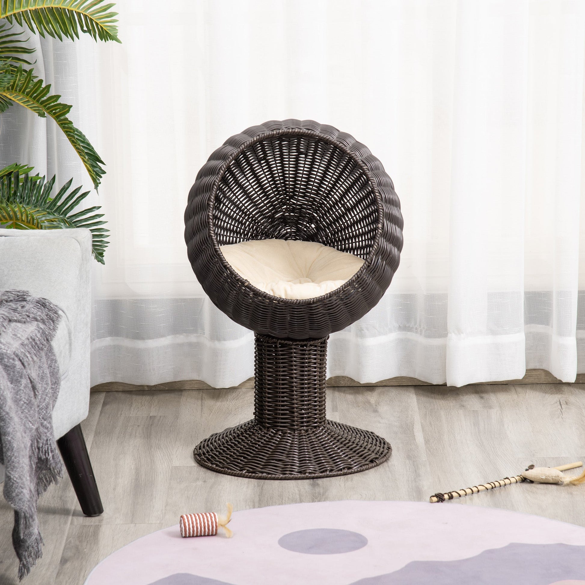 KFX-3128125 Elevated Coffee Cat Bed with Rotating Egg Chair Pod and Thick Cushion