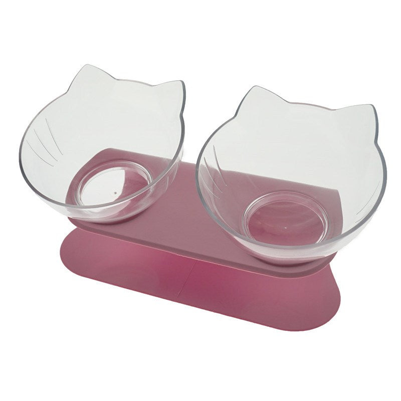 KFX-3129661 Transparent Double Cat Food Bowl with 15° Neck Protection and Anti-Skid Base