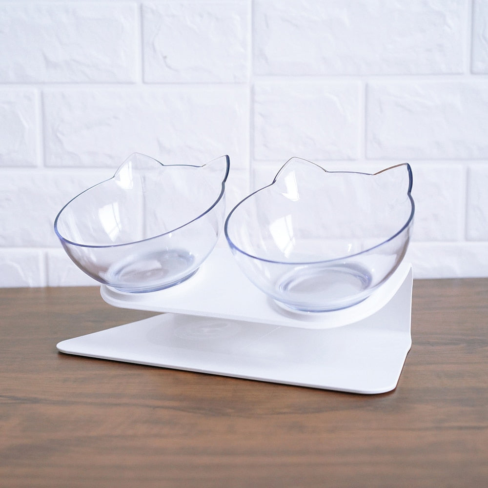 KFX-3129661 Transparent Double Cat Food Bowl with 15° Neck Protection and Anti-Skid Base