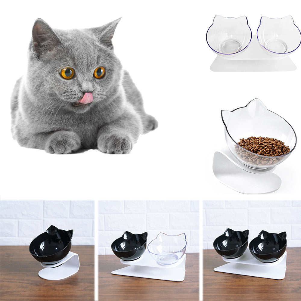 KFX-3129661 Transparent Double Cat Food Bowl with 15° Neck Protection and Anti-Skid Base