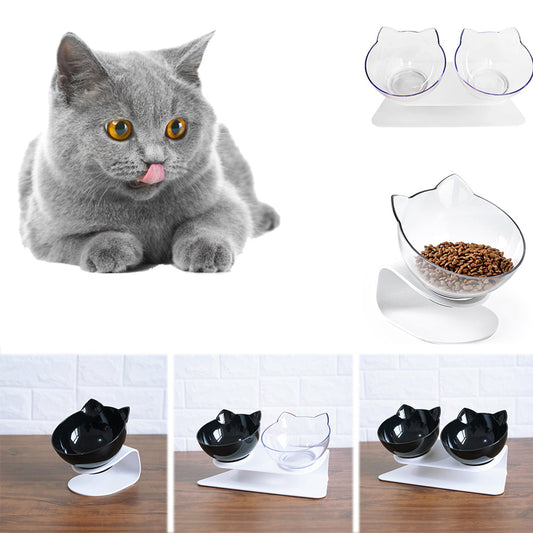 KFX-3129661 Transparent Double Cat Food Bowl with 15° Neck Protection and Anti-Skid Base