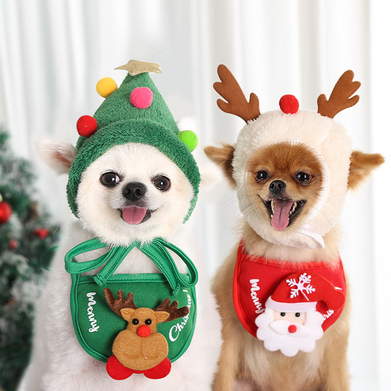 KFX-3133629 Christmas Cartoon Dog Cat Saliva Towel Bib and Hats for Pets up to 15kg