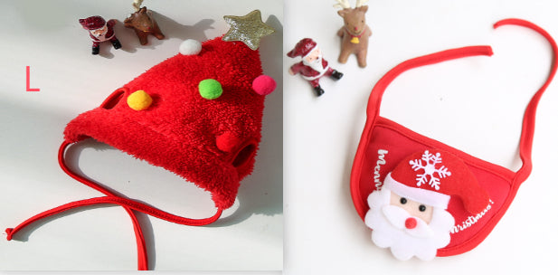 KFX-3133629 Christmas Cartoon Dog Cat Saliva Towel Bib and Hats for Pets up to 15kg