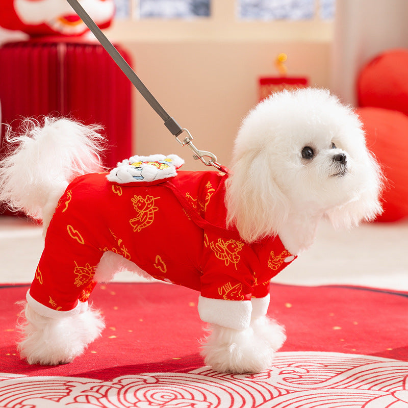 KFX-3134013 Lunar New Year Lion Dance Pet Jumpsuit with Faux Fur Trim and Embroidery