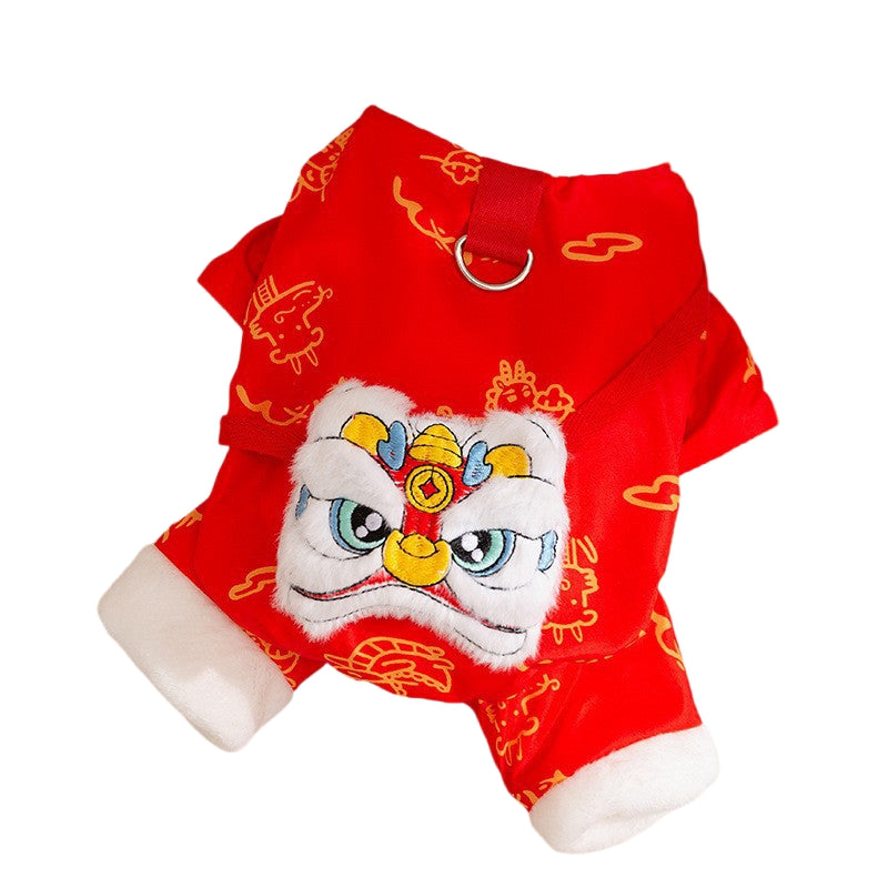 KFX-3134013 Lunar New Year Lion Dance Pet Jumpsuit with Faux Fur Trim and Embroidery