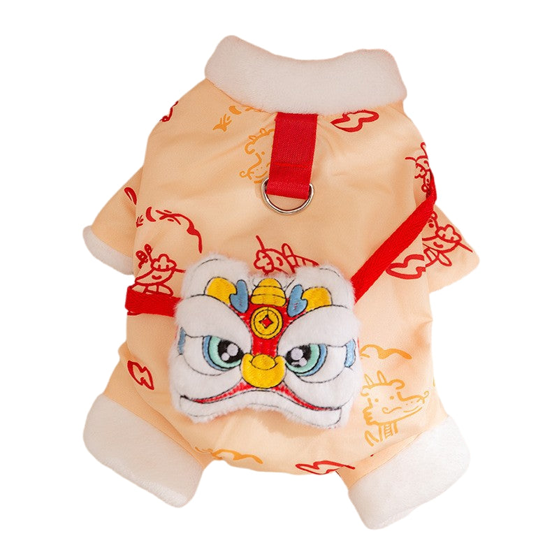 KFX-3134013 Lunar New Year Lion Dance Pet Jumpsuit with Faux Fur Trim and Embroidery