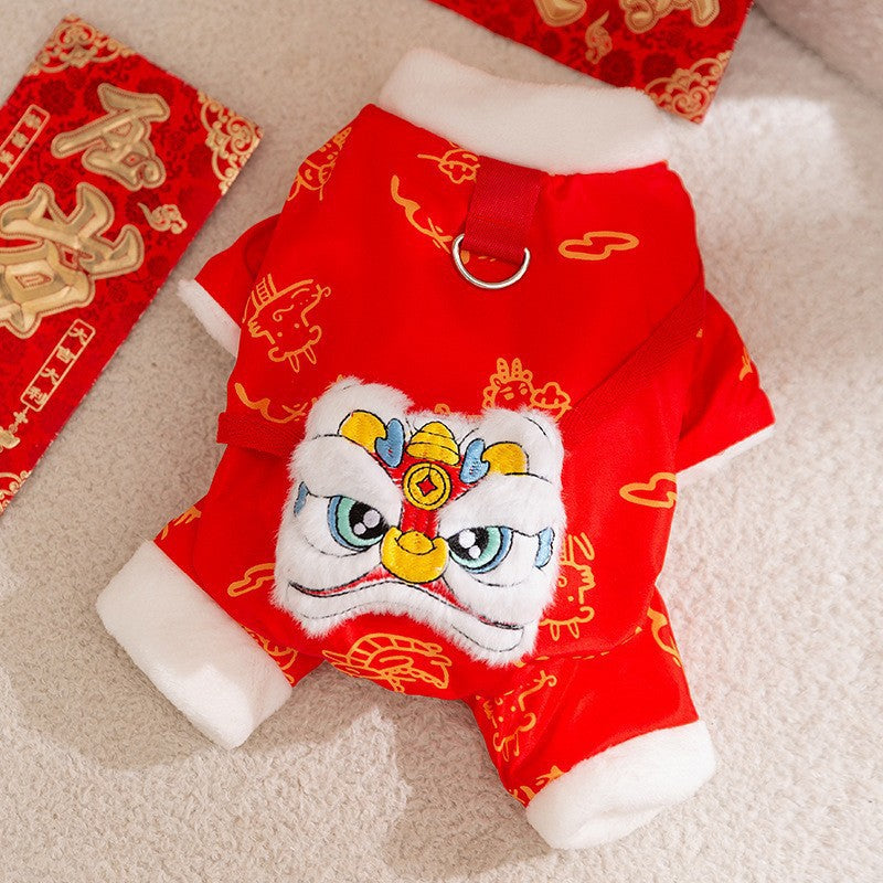 KFX-3134013 Lunar New Year Lion Dance Pet Jumpsuit with Faux Fur Trim and Embroidery