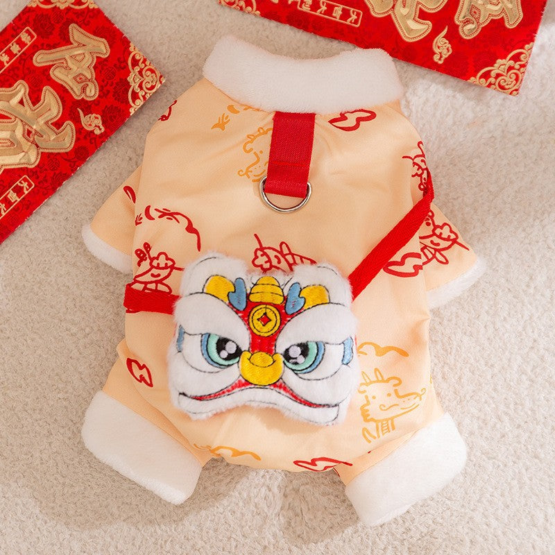 KFX-3134013 Lunar New Year Lion Dance Pet Jumpsuit with Faux Fur Trim and Embroidery