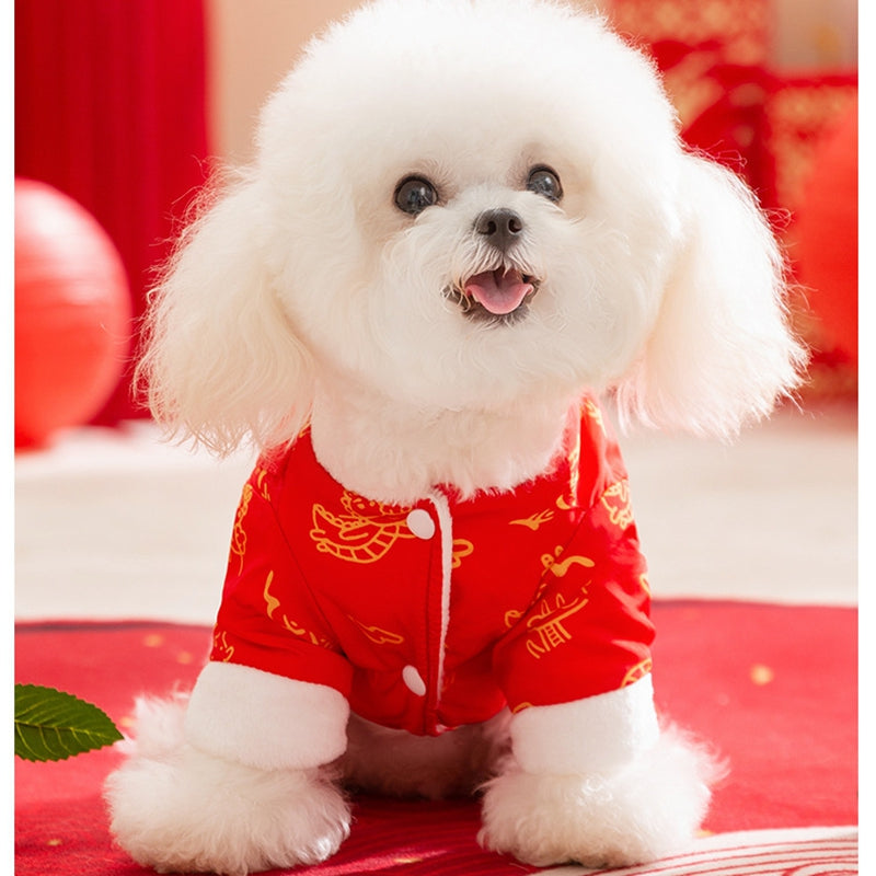 KFX-3134013 Lunar New Year Lion Dance Pet Jumpsuit with Faux Fur Trim and Embroidery