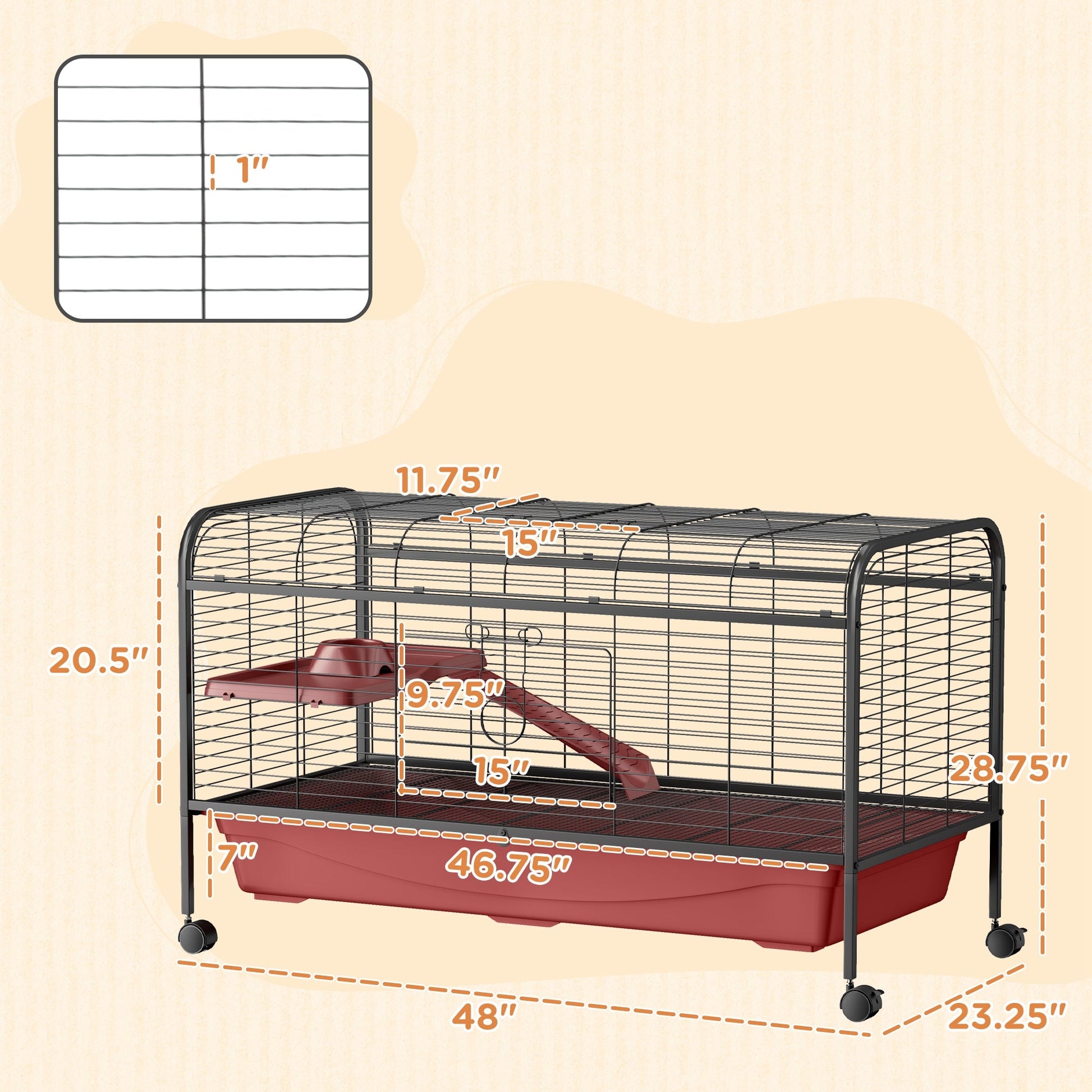 KFX-3138877 48" Large Small Animal Cage with Feeder, Rolling Wheels, Platform, and Ramp for Rabbits and Ferrets