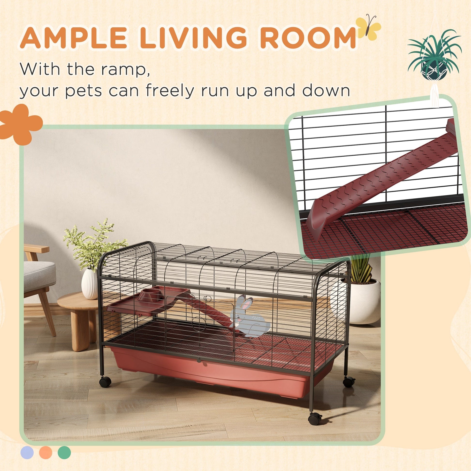KFX-3138877 48" Large Small Animal Cage with Feeder, Rolling Wheels, Platform, and Ramp for Rabbits and Ferrets
