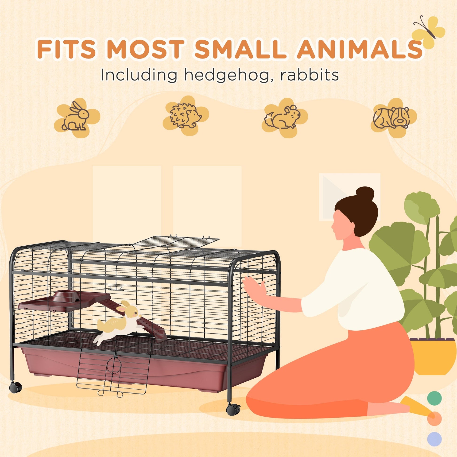 KFX-3138877 48" Large Small Animal Cage with Feeder, Rolling Wheels, Platform, and Ramp for Rabbits and Ferrets