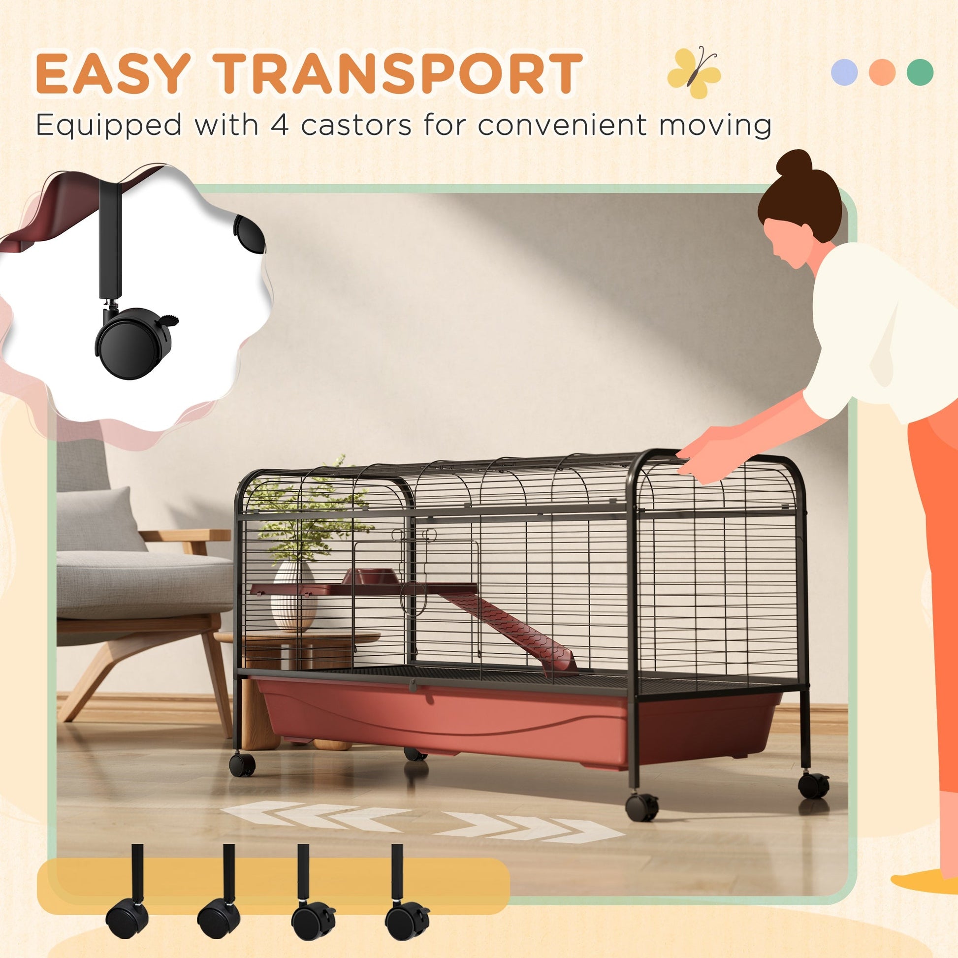 KFX-3138877 48" Large Small Animal Cage with Feeder, Rolling Wheels, Platform, and Ramp for Rabbits and Ferrets