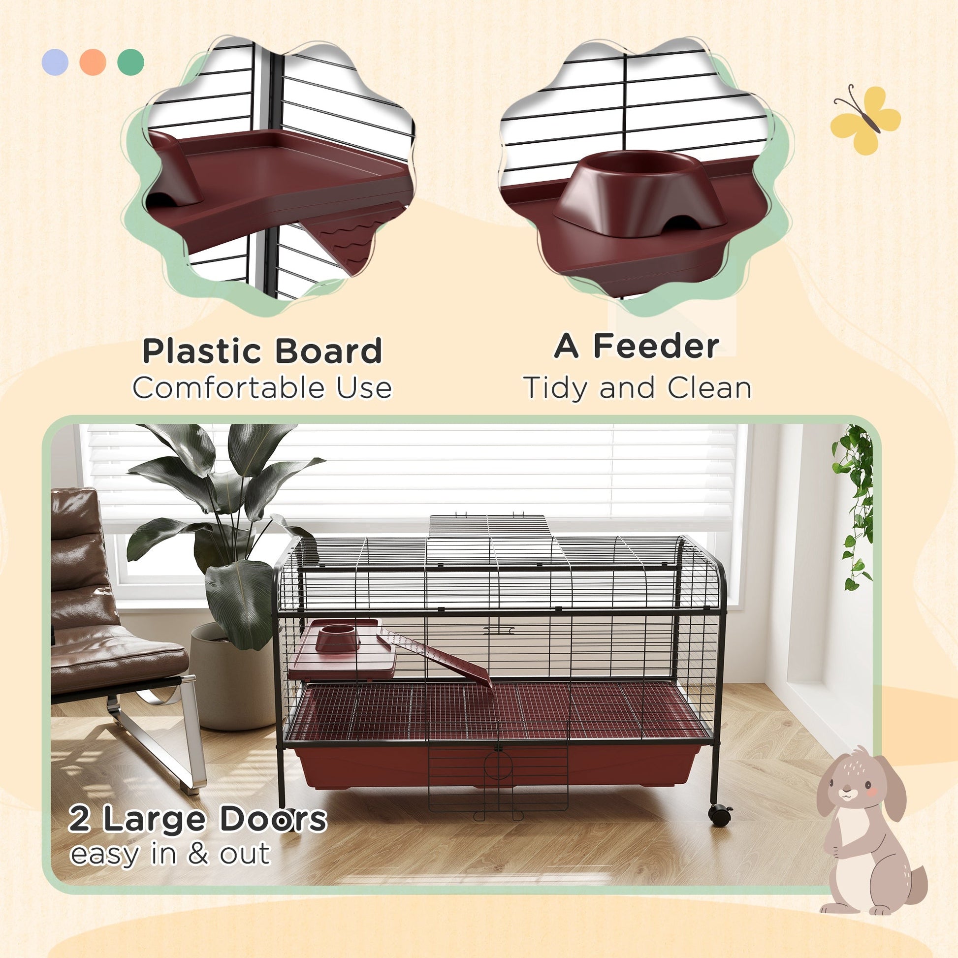 KFX-3138877 48" Large Small Animal Cage with Feeder, Rolling Wheels, Platform, and Ramp for Rabbits and Ferrets