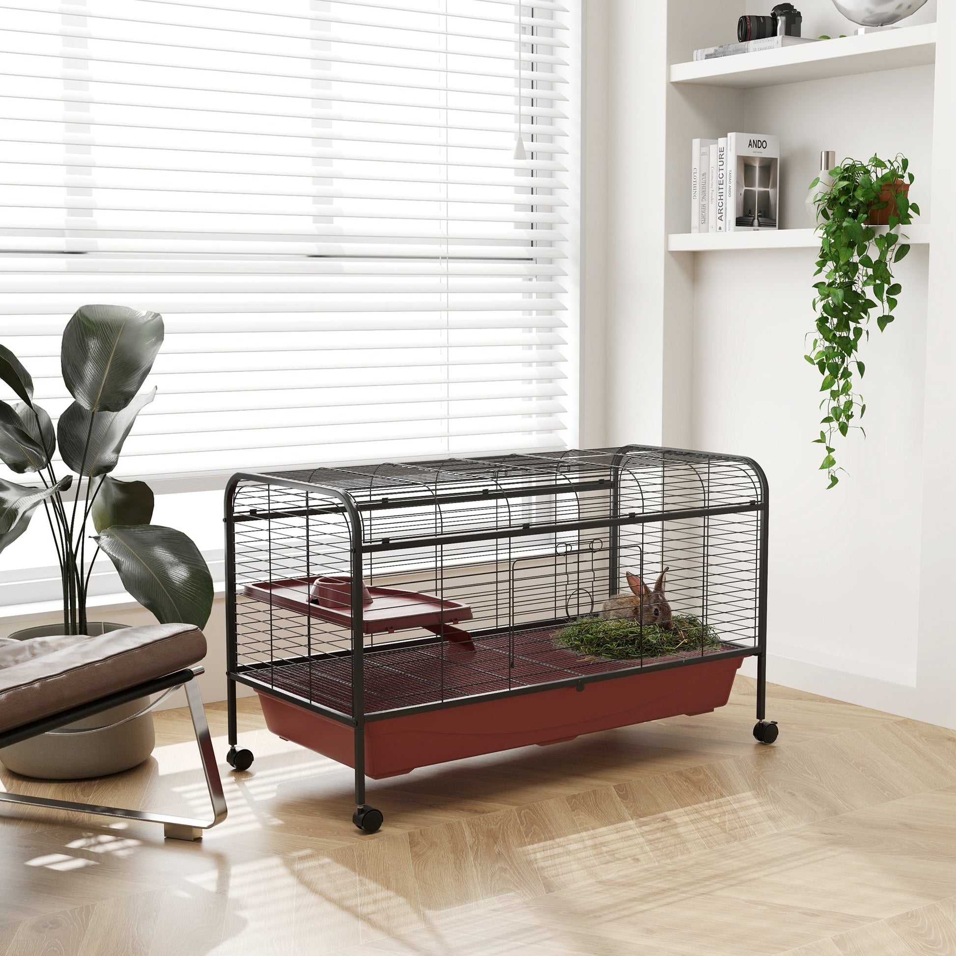 KFX-3138877 48" Large Small Animal Cage with Feeder, Rolling Wheels, Platform, and Ramp for Rabbits and Ferrets