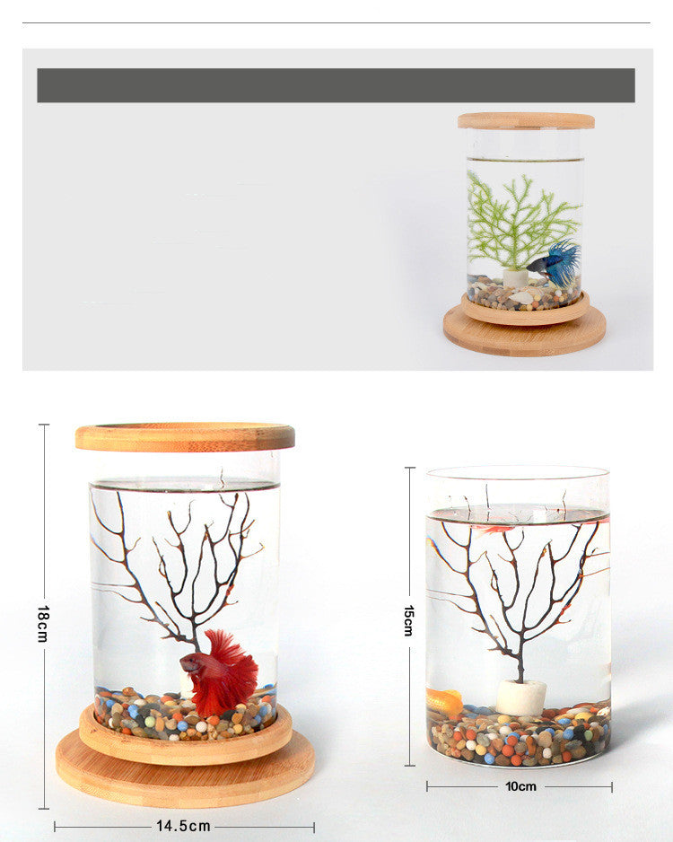 KFX-3150013 Mini Glass Aquarium with Bamboo Base for Small Office Decoration