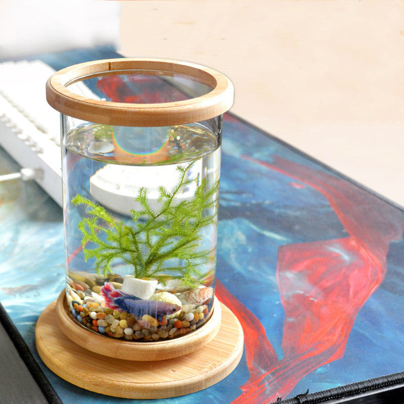 KFX-3150013 Mini Glass Aquarium with Bamboo Base for Small Office Decoration