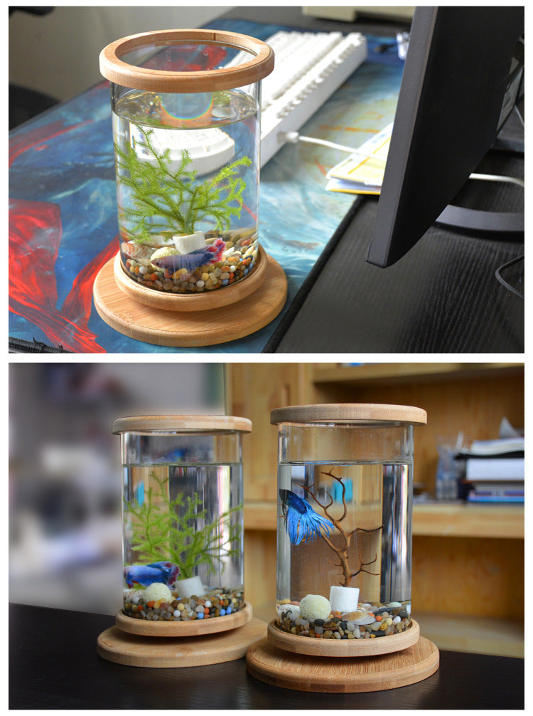 KFX-3150013 Mini Glass Aquarium with Bamboo Base for Small Office Decoration