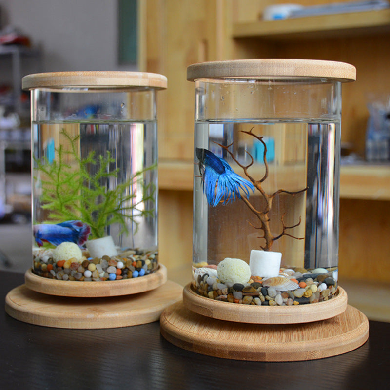 KFX-3150013 Mini Glass Aquarium with Bamboo Base for Small Office Decoration