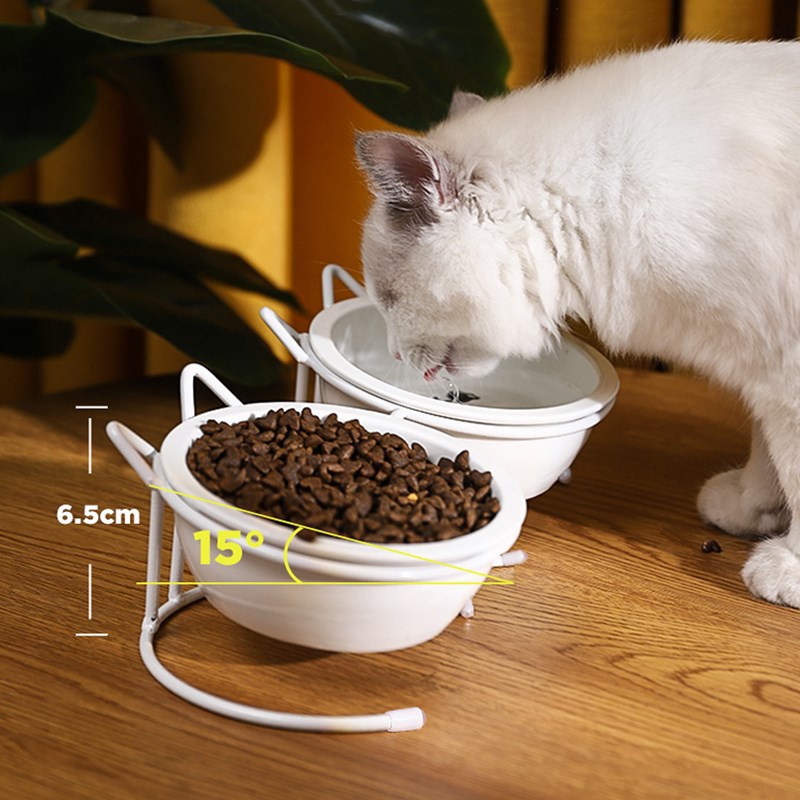 KFX-3152701 Ceramic Cat Food Bowl for Cervical Spine Protection - Automatic Feeding, Single & Double Bowl Options