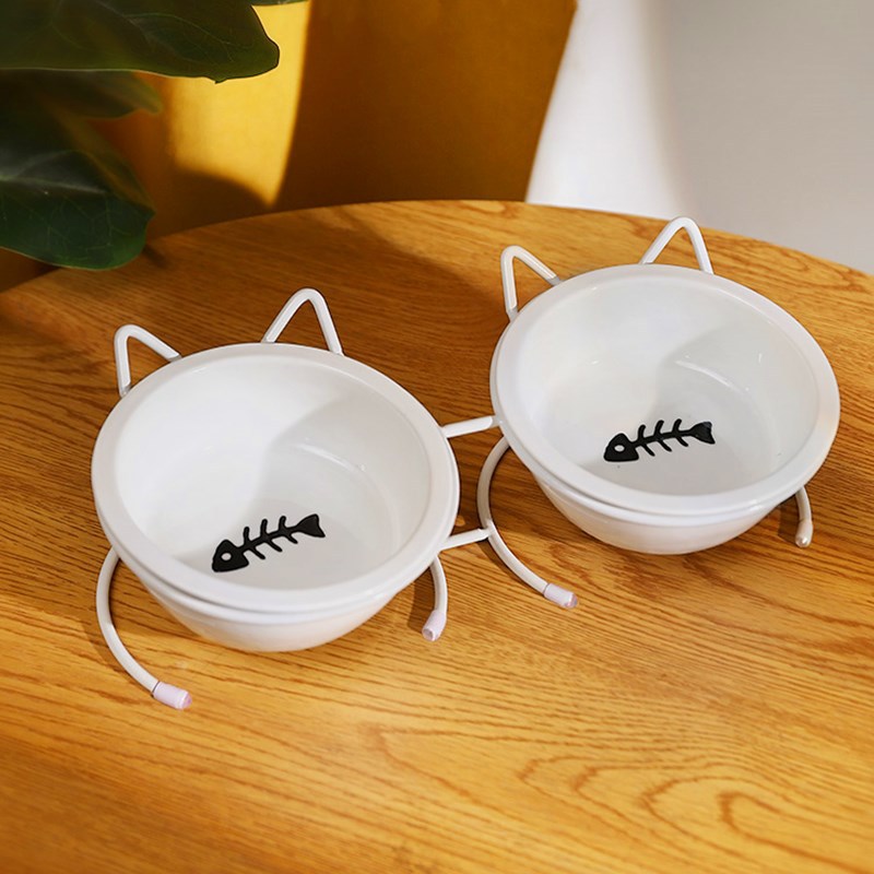 KFX-3152701 Ceramic Cat Food Bowl for Cervical Spine Protection - Automatic Feeding, Single & Double Bowl Options