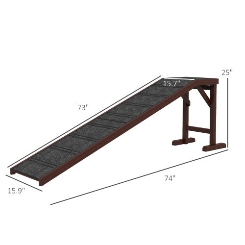 KFX-3160637 Wooden Dog Ramp with Non-Slip Carpet and Easy Access Platform, 74 x 16 x 25 Inches, Brown