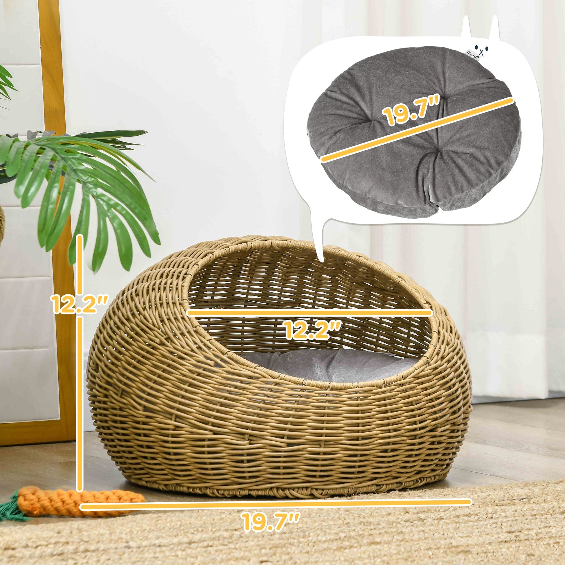 KFX-3160893 Stylish Rattan Cat Bed with Washable Cushion for Cats Under 9 lbs