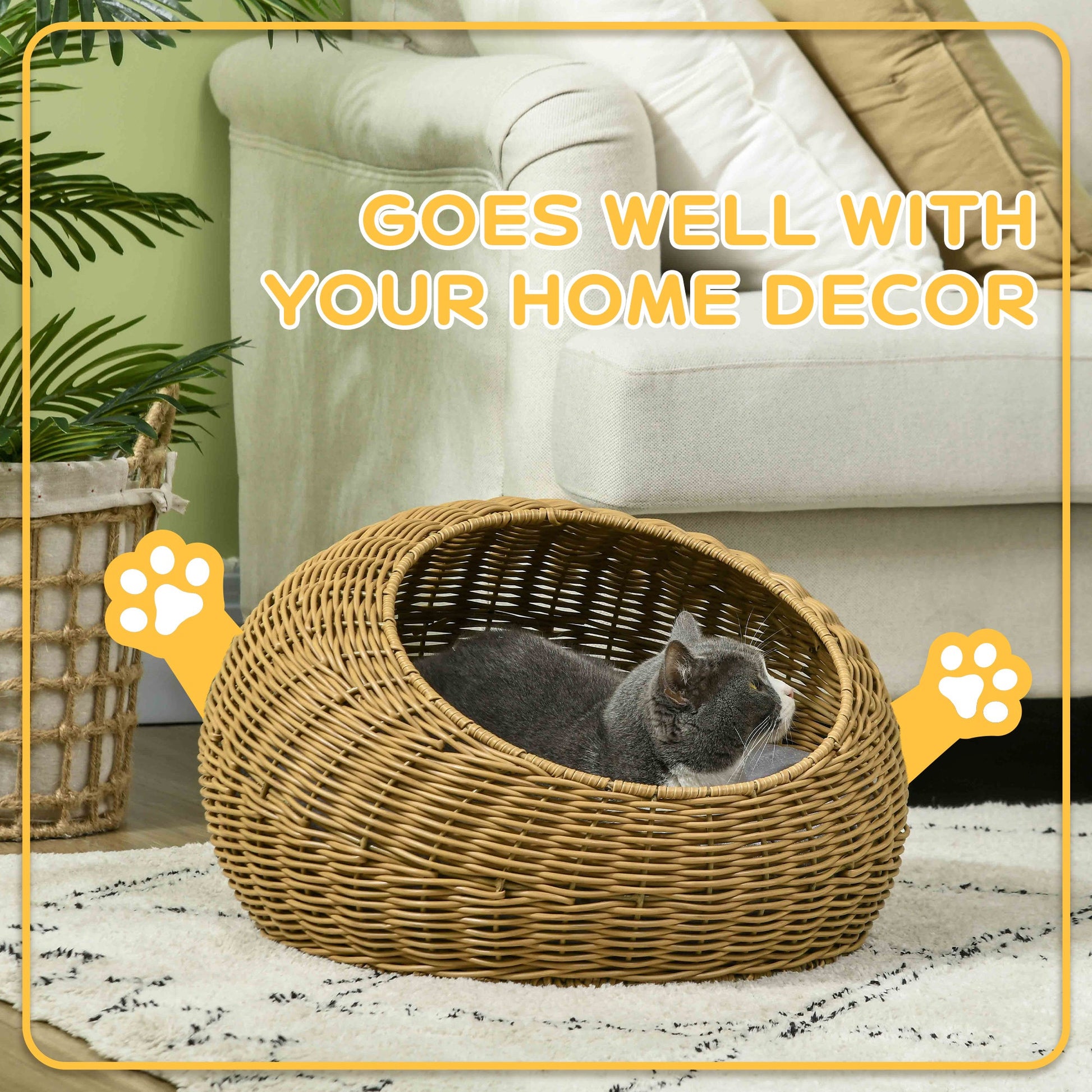 KFX-3160893 Stylish Rattan Cat Bed with Washable Cushion for Cats Under 9 lbs