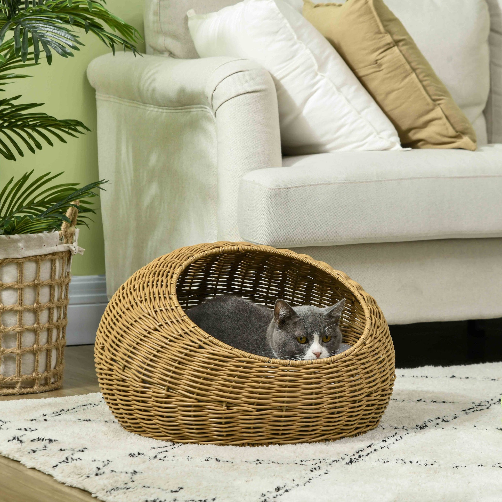 KFX-3160893 Stylish Rattan Cat Bed with Washable Cushion for Cats Under 9 lbs