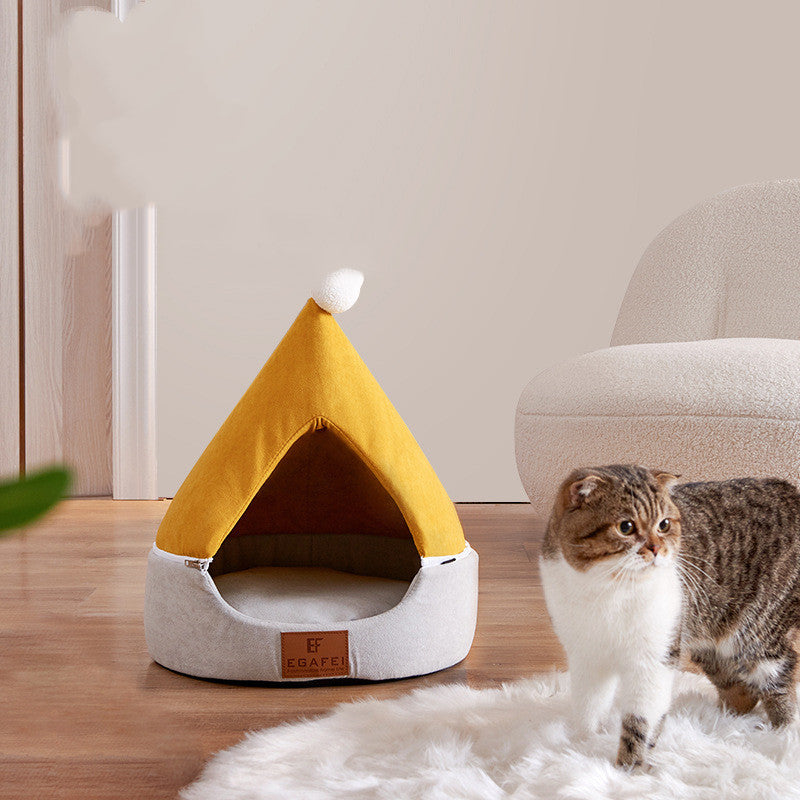 KFX-3168061 Removable and Washable Semi-Closed Pet Cat Litter with Christmas Hat Design in Yellow and Grey