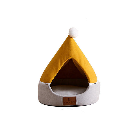 KFX-3168061 Removable and Washable Semi-Closed Pet Cat Litter with Christmas Hat Design in Yellow and Grey