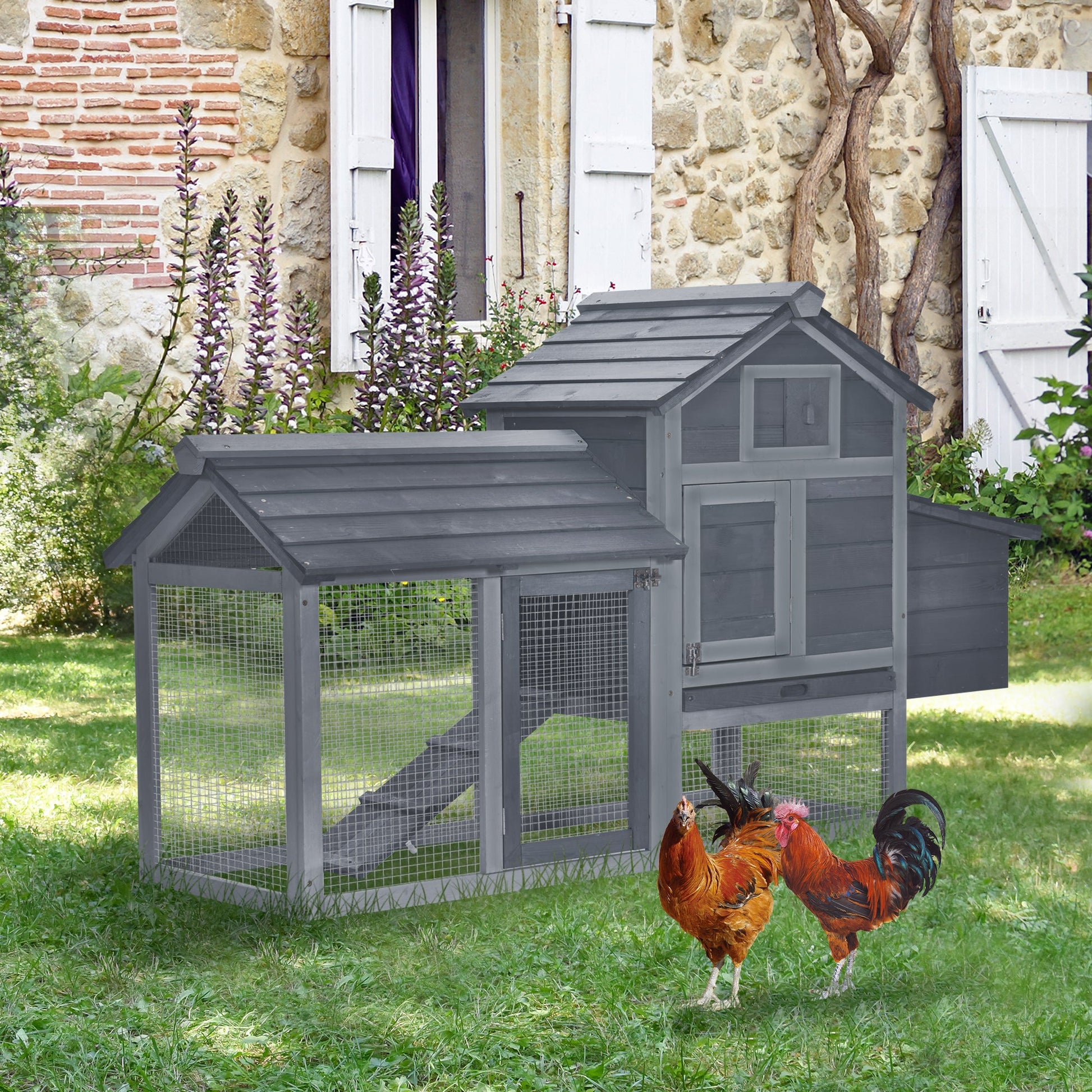 KFX-3171645 Compact Wooden Chicken Coop with Nesting Box, Removable Tray and Multiple Access Points in Gray