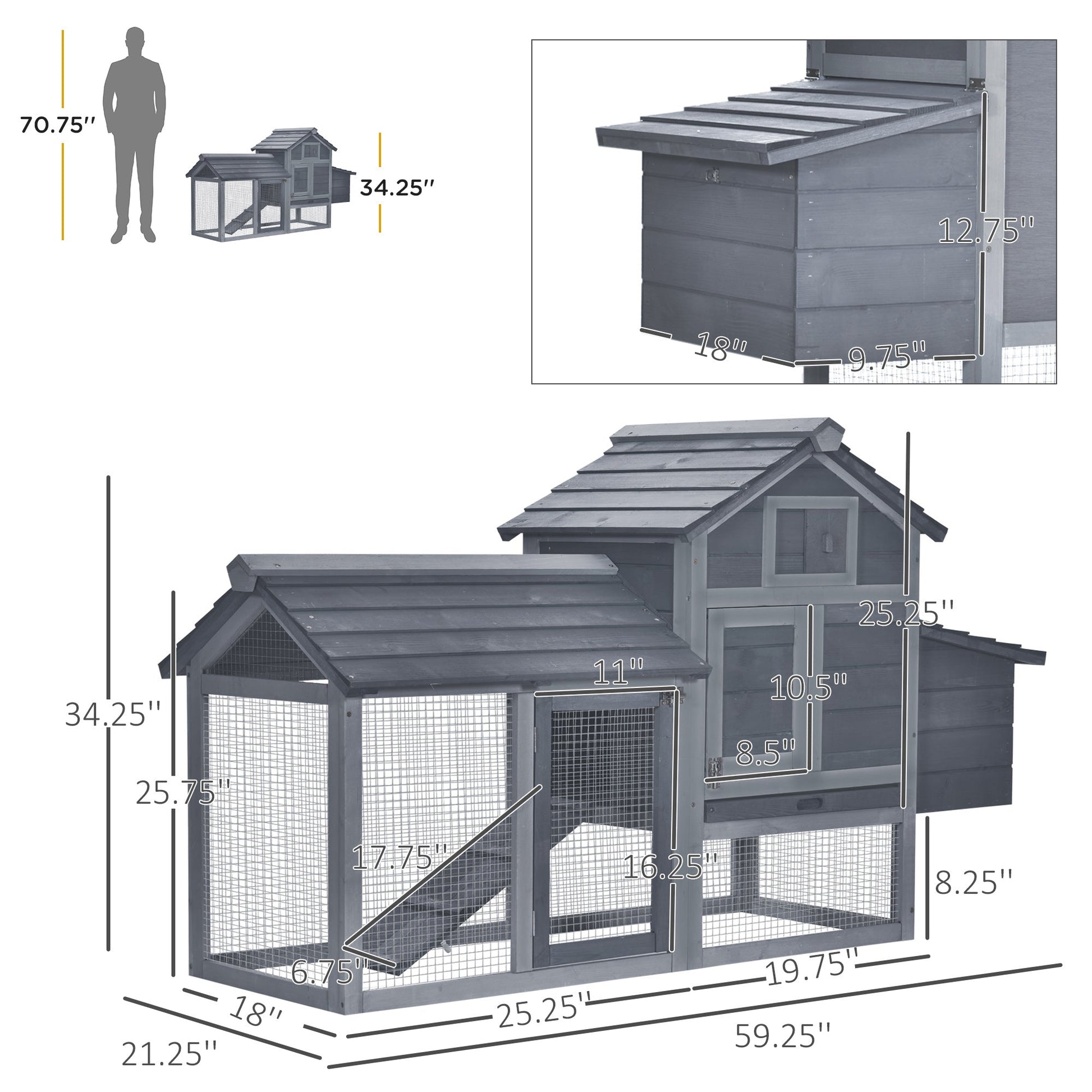KFX-3171645 Compact Wooden Chicken Coop with Nesting Box, Removable Tray and Multiple Access Points in Gray