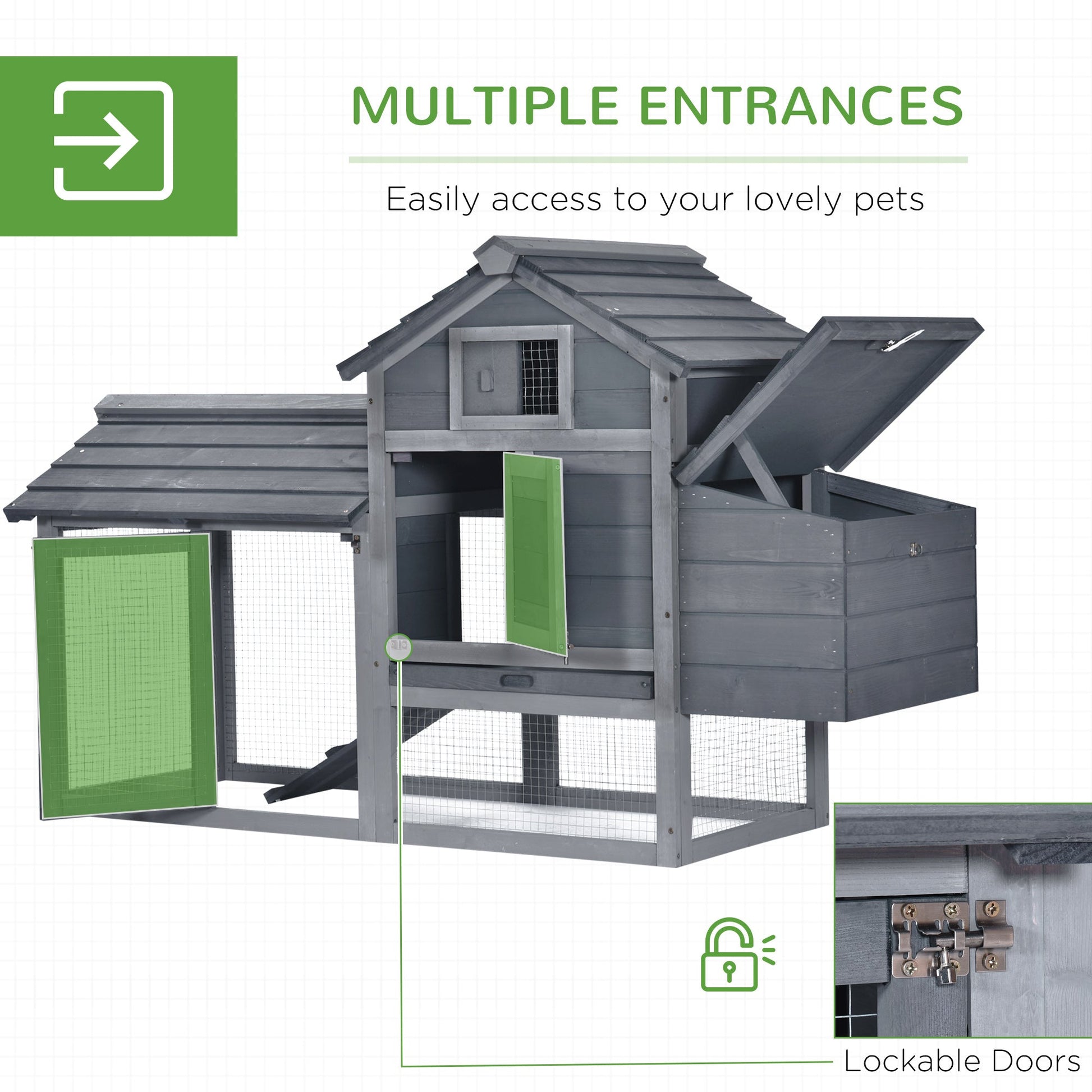 KFX-3171645 Compact Wooden Chicken Coop with Nesting Box, Removable Tray and Multiple Access Points in Gray