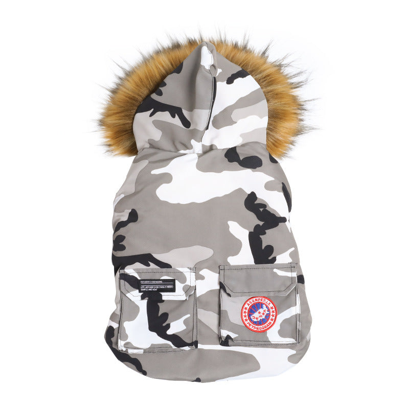 KFX-3194685 Dog Down Jacket in White Camouflage, Milky White, Dark Blue - Sizes M, L, XL, FB, XXL, XXXL for All Breeds