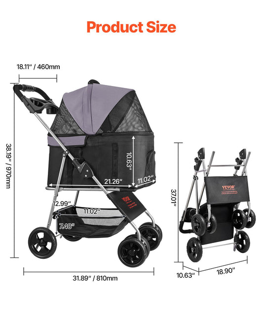 KFX-3197245 Foldable Pet Stroller with Detachable Carrier for Dogs and Cats, Holds Up to 35lbs