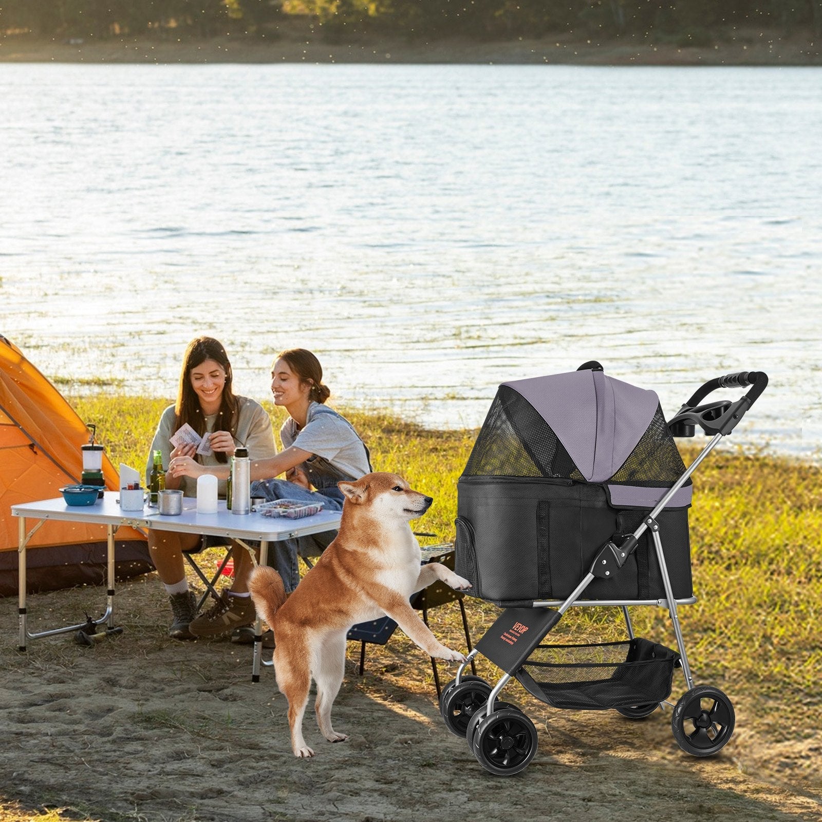 KFX-3197245 Foldable Pet Stroller with Detachable Carrier for Dogs and Cats, Holds Up to 35lbs